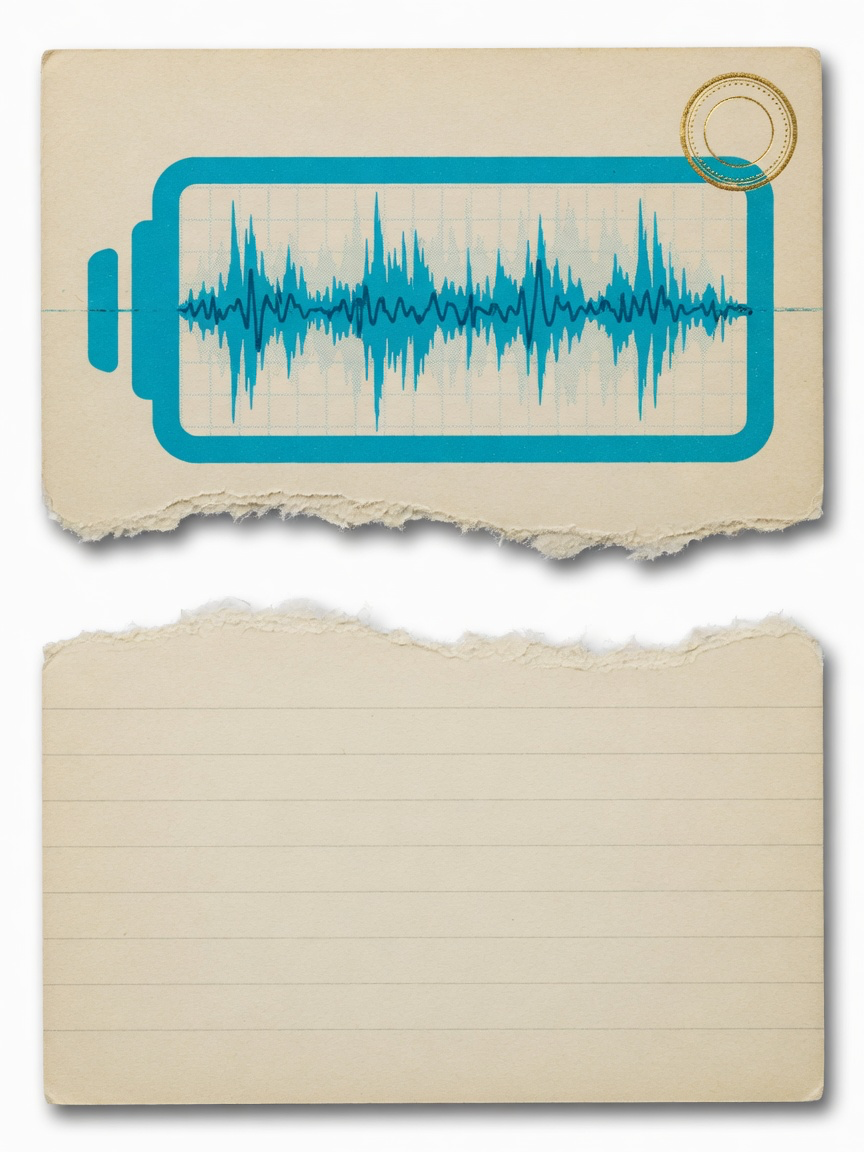 Torn catalog card: waveform on the top half, lined paper below a horizontal tear